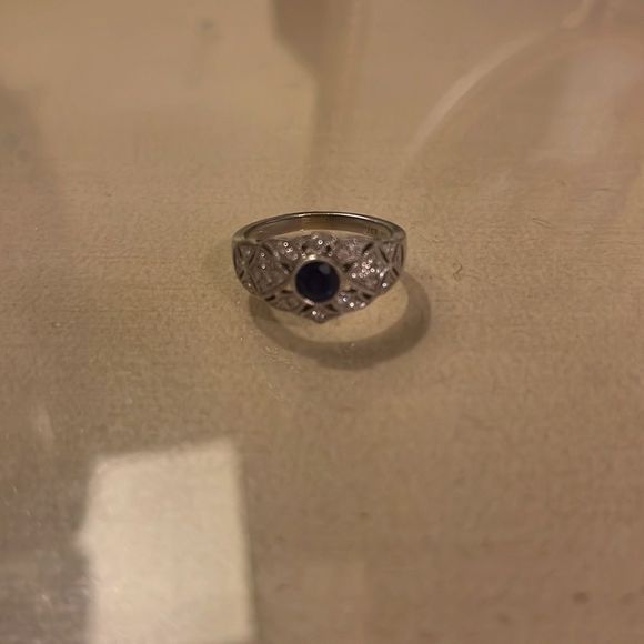 Art Deco 18k white gold band with real pave diamonds and sapphire ring - Picture 4 of 8